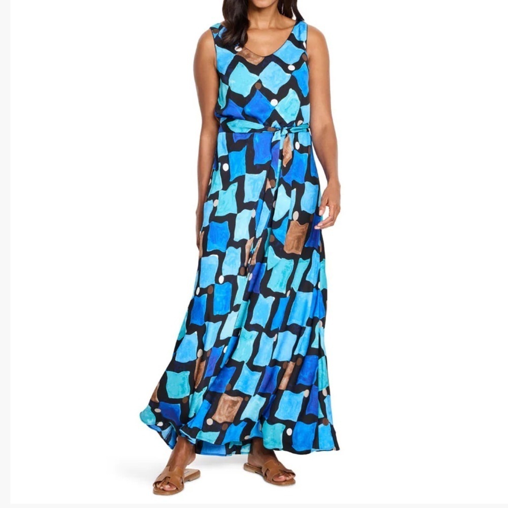 NWT NIC+ZOE Blue Multi Color Geometric Maxi Dress Sz. L